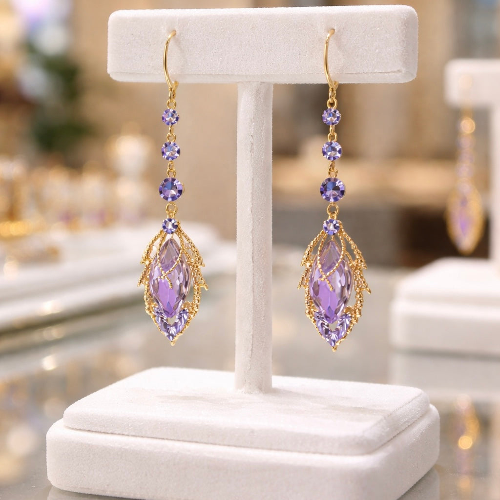 Elegant Purple Crystal Drop Earrings – Gold Finish Maple Design