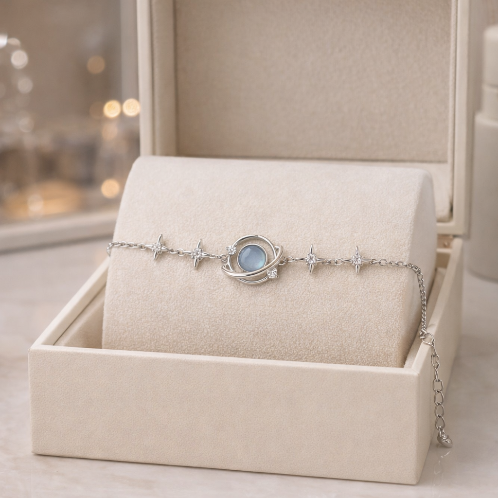 Celestial Moonstone Planet Bracelet – Silver Star Chain Adjustable Bracelet for Women