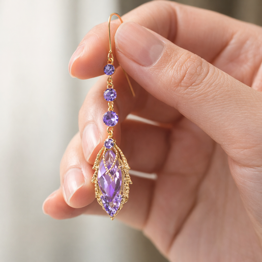 Elegant Purple Crystal Drop Earrings – Gold Finish Maple Design
