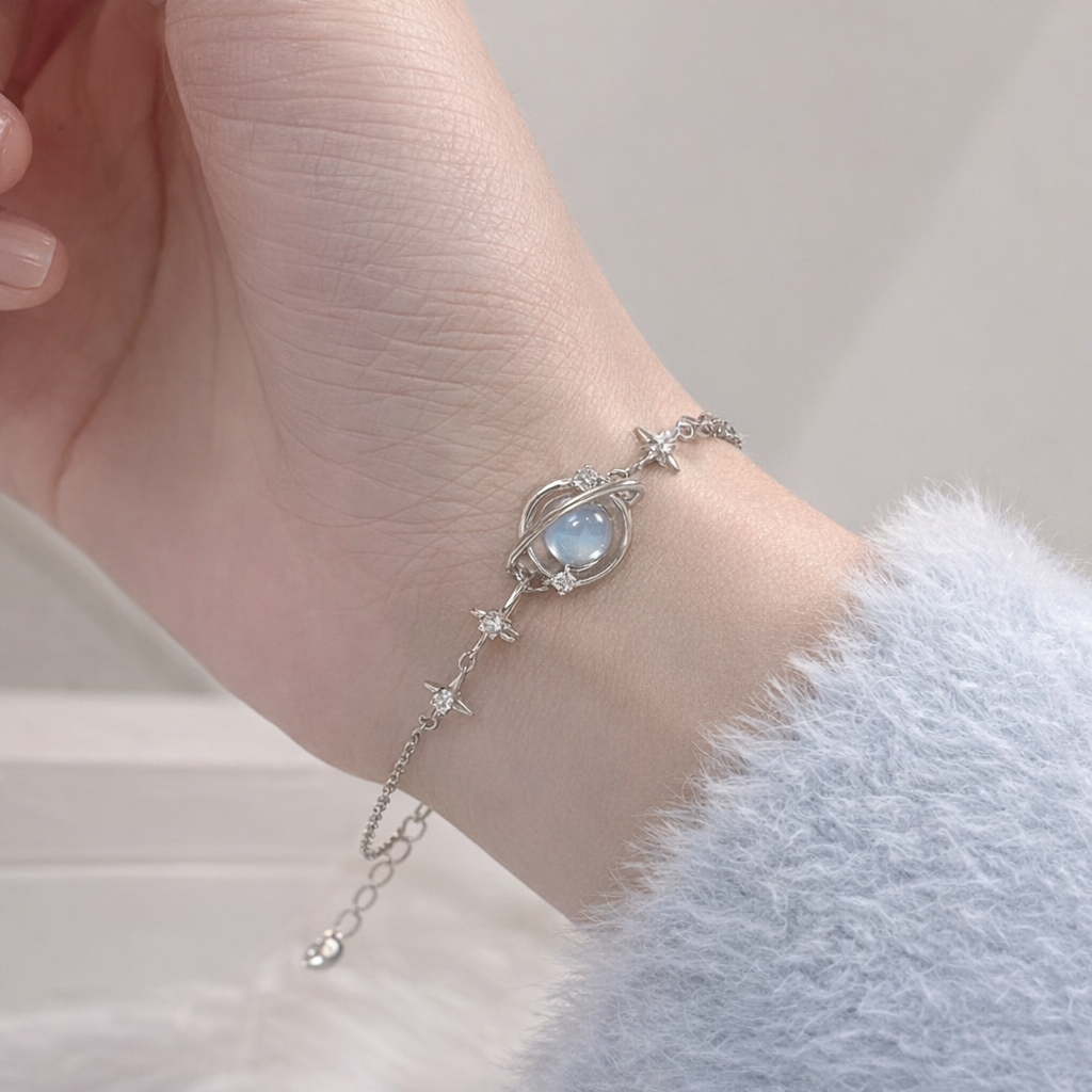 Celestial Moonstone Planet Bracelet – Silver Star Chain Adjustable Bracelet for Women