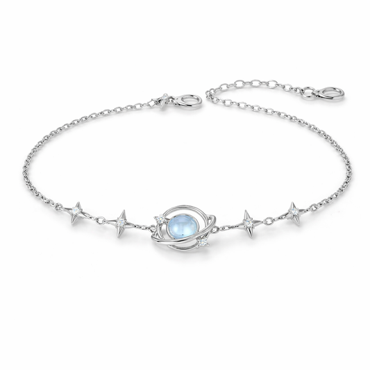 Celestial Moonstone Planet Bracelet – Silver Star Chain Adjustable Bracelet for Women