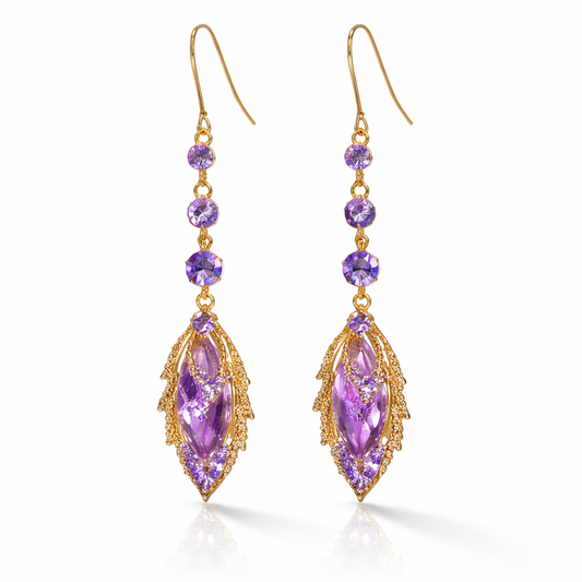 Elegant Purple Crystal Drop Earrings – Gold Finish Maple Design